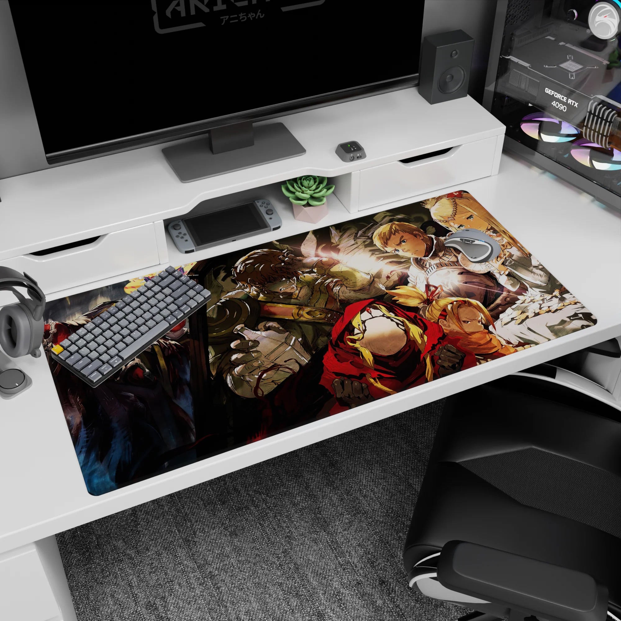 Overlord desk pad 40x20 inches featuring Ainz Ooal Gown and adventurers in a dramatic, emotional anime scene.