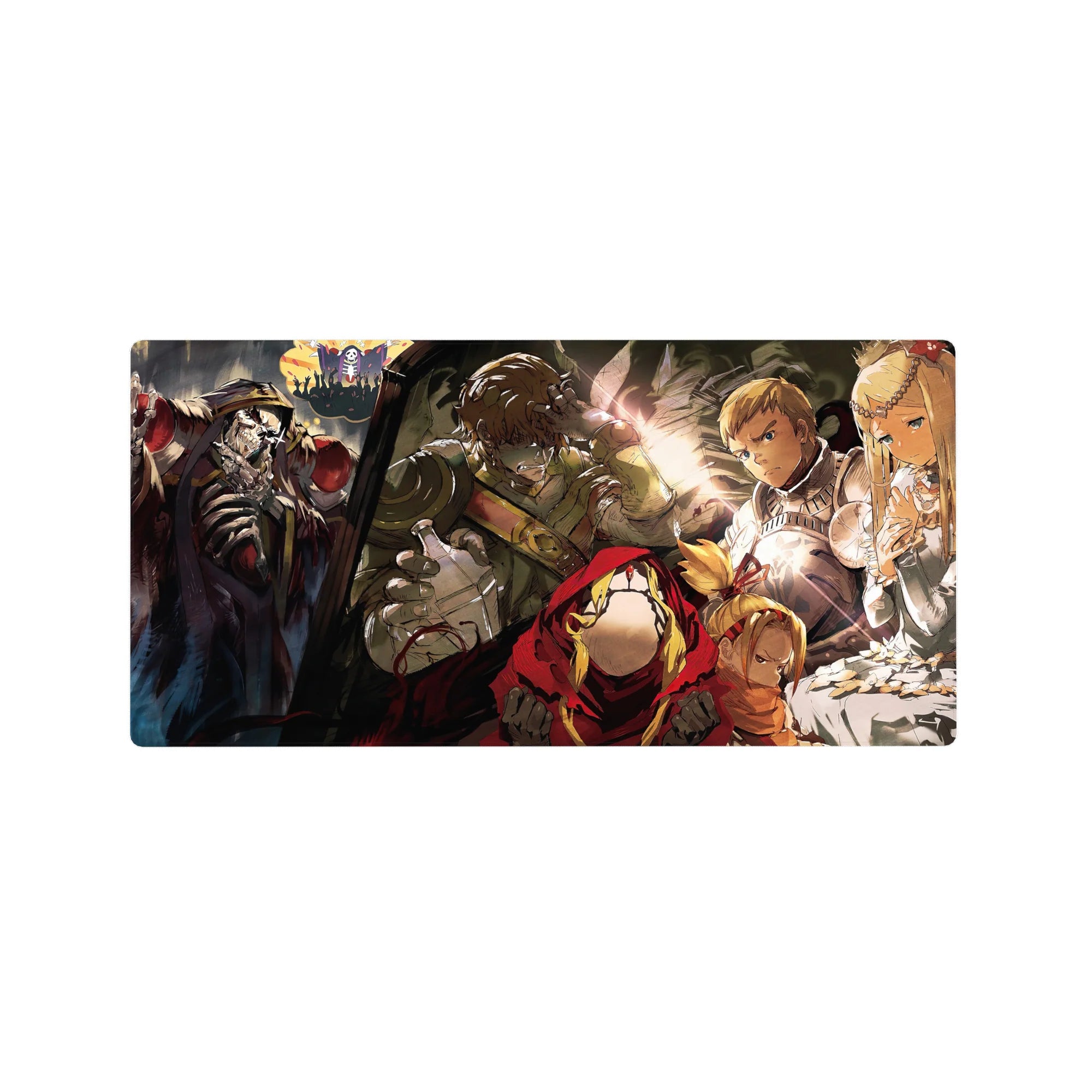 Anime mouse pad 32x16 inches featuring Overlord&#39;s Ainz Ooal Gown and adventurers in a dramatic, emotional scene.