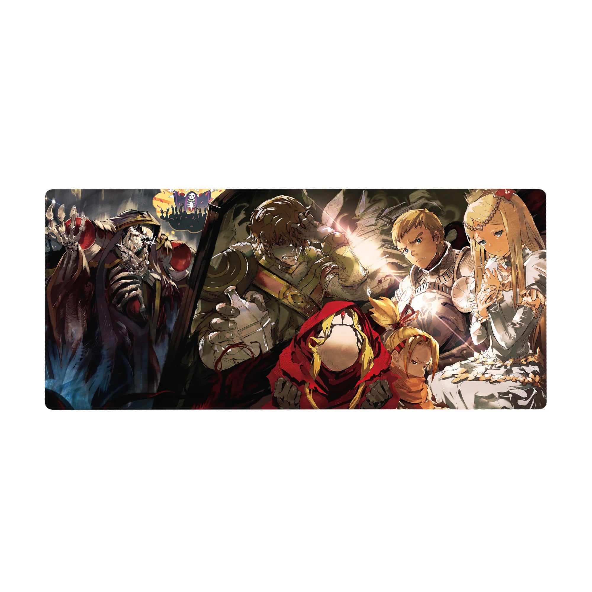 Anime desk pad 36x16 inches featuring Overlord's Ainz Ooal Gown and adventurers in a dramatic, emotional scene.