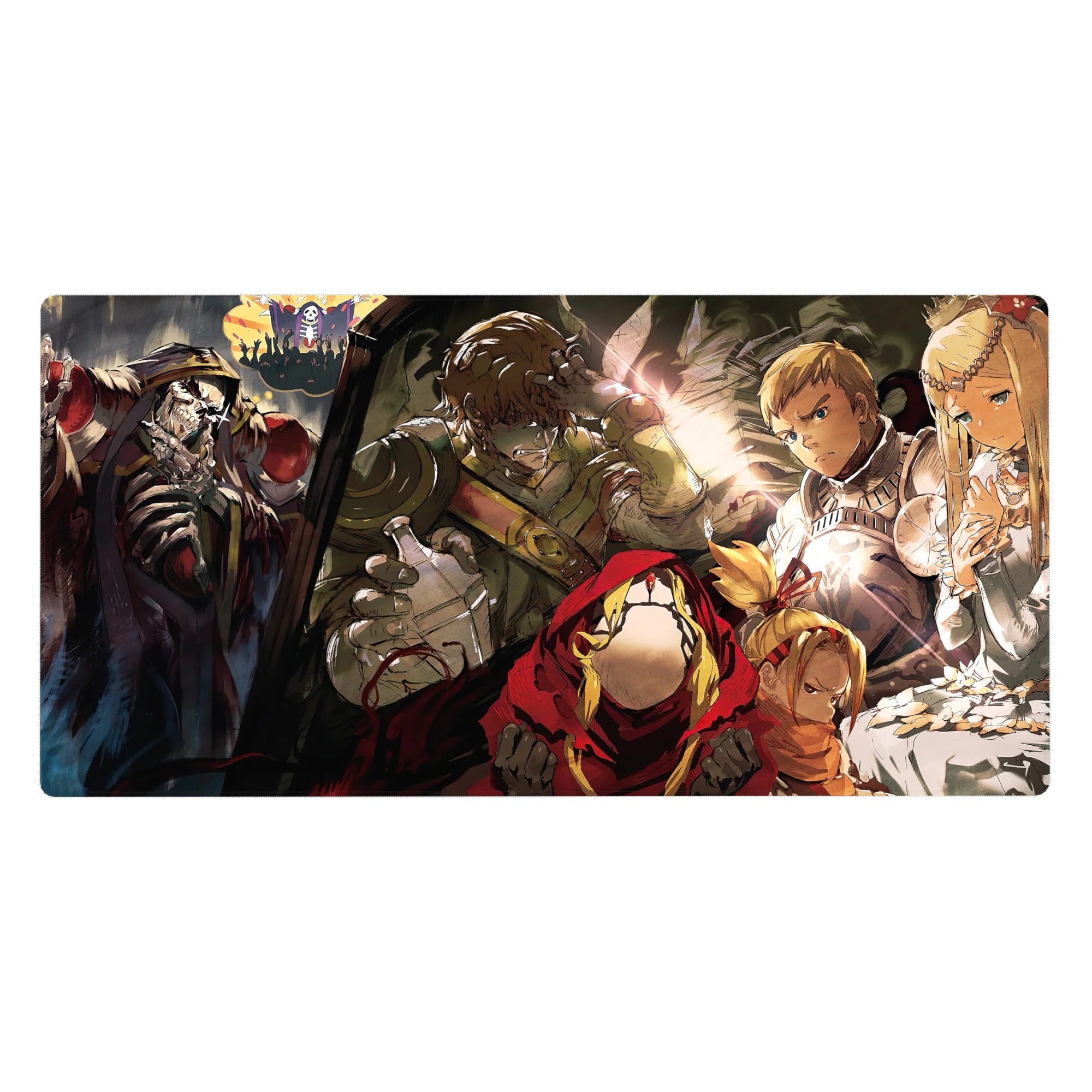 Overlord desk pad 40x20 inches featuring Ainz Ooal Gown and adventurers, capturing dramatic tension and power.