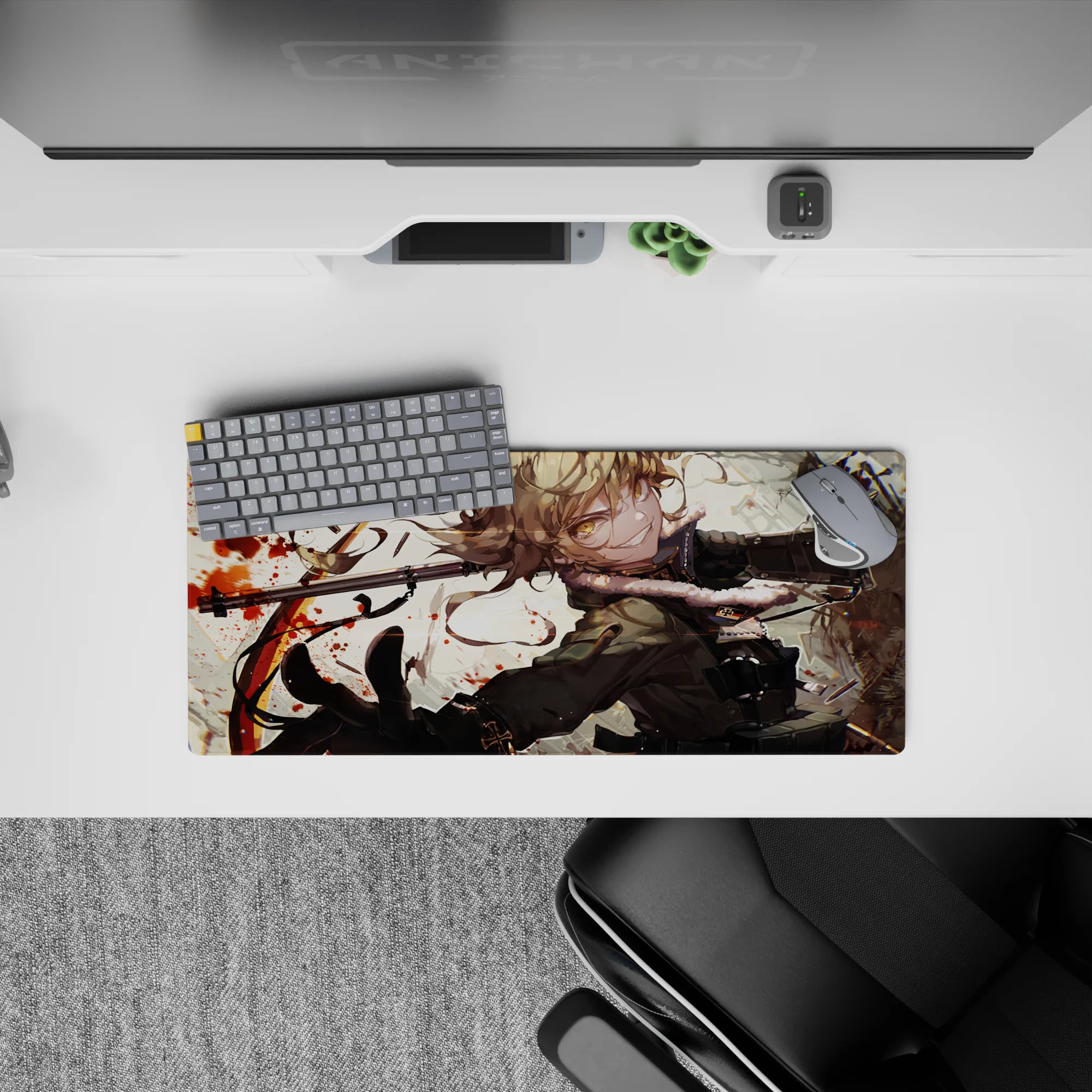 28x12 inches anime mouse pad in warm cream with red splatter accents, bold lines, and high-energy vibe.