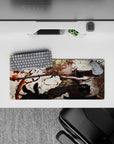 28x12 inches anime mouse pad in warm cream with red splatter accents, bold lines, and high-energy vibe.