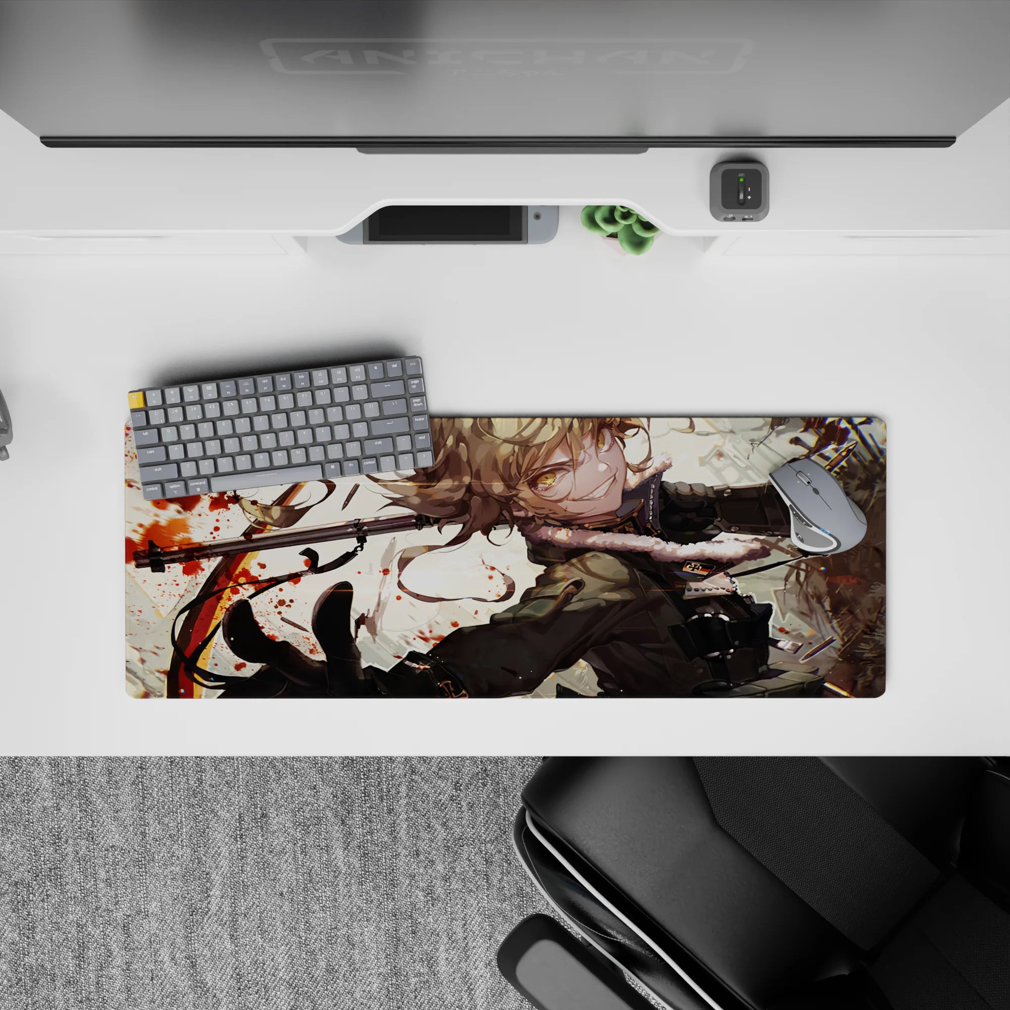 32x12 inches anime girl desk mat in warm cream with bold red streaks, fast chaotic vibe, smooth tracking.