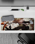 32x12 inches anime girl desk mat in warm cream with bold red streaks, fast chaotic vibe, smooth tracking.