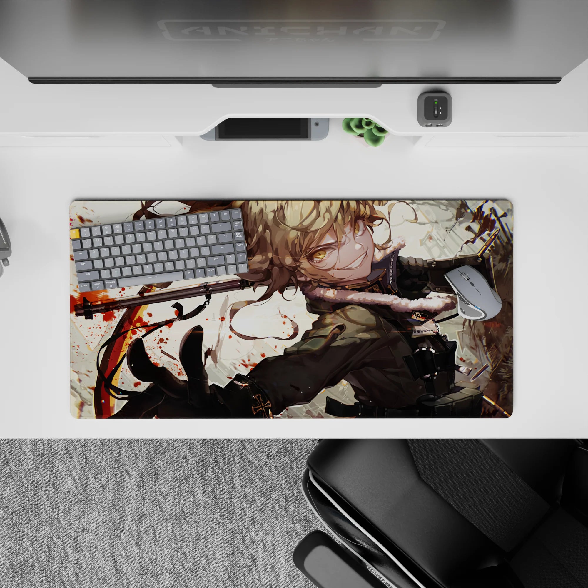Cream and red splatter anime desk mouse pad 32x16 inches, high-energy vibe with bold sweeping lines.