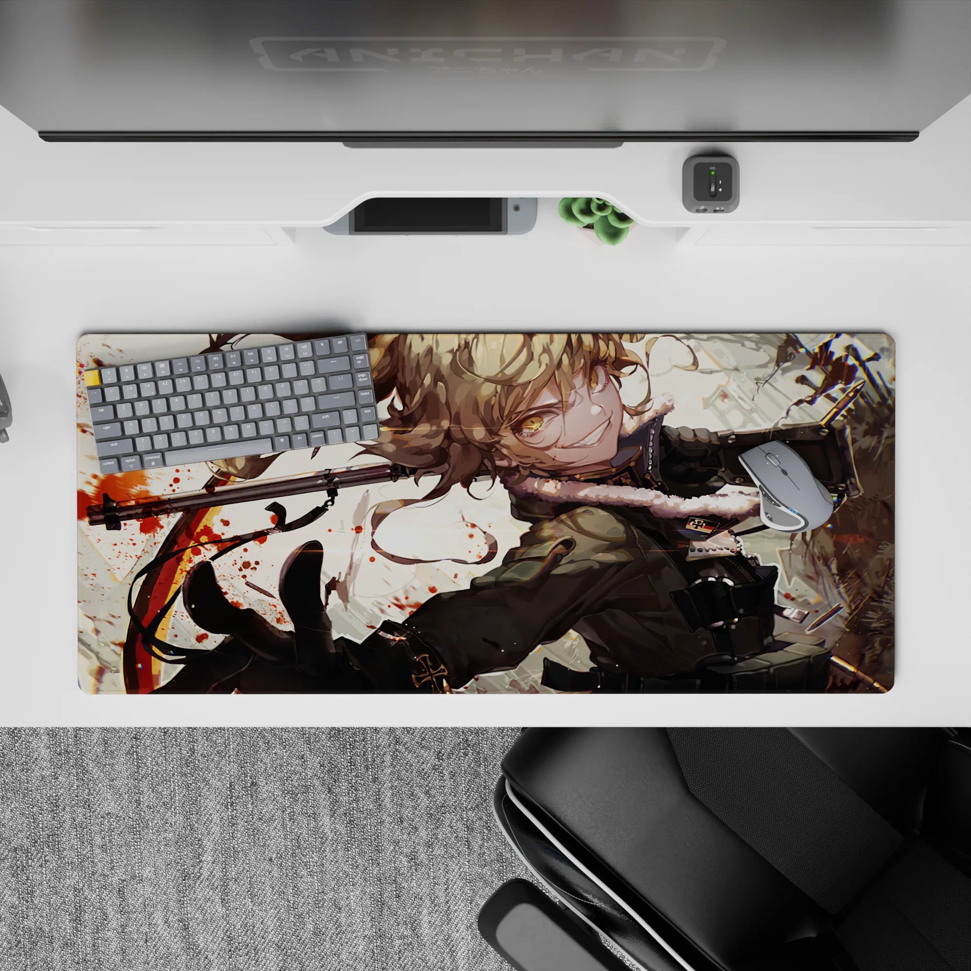 36x16 inches anime desk pad in warm cream with red splatter accents, high-energy chaotic vibe.