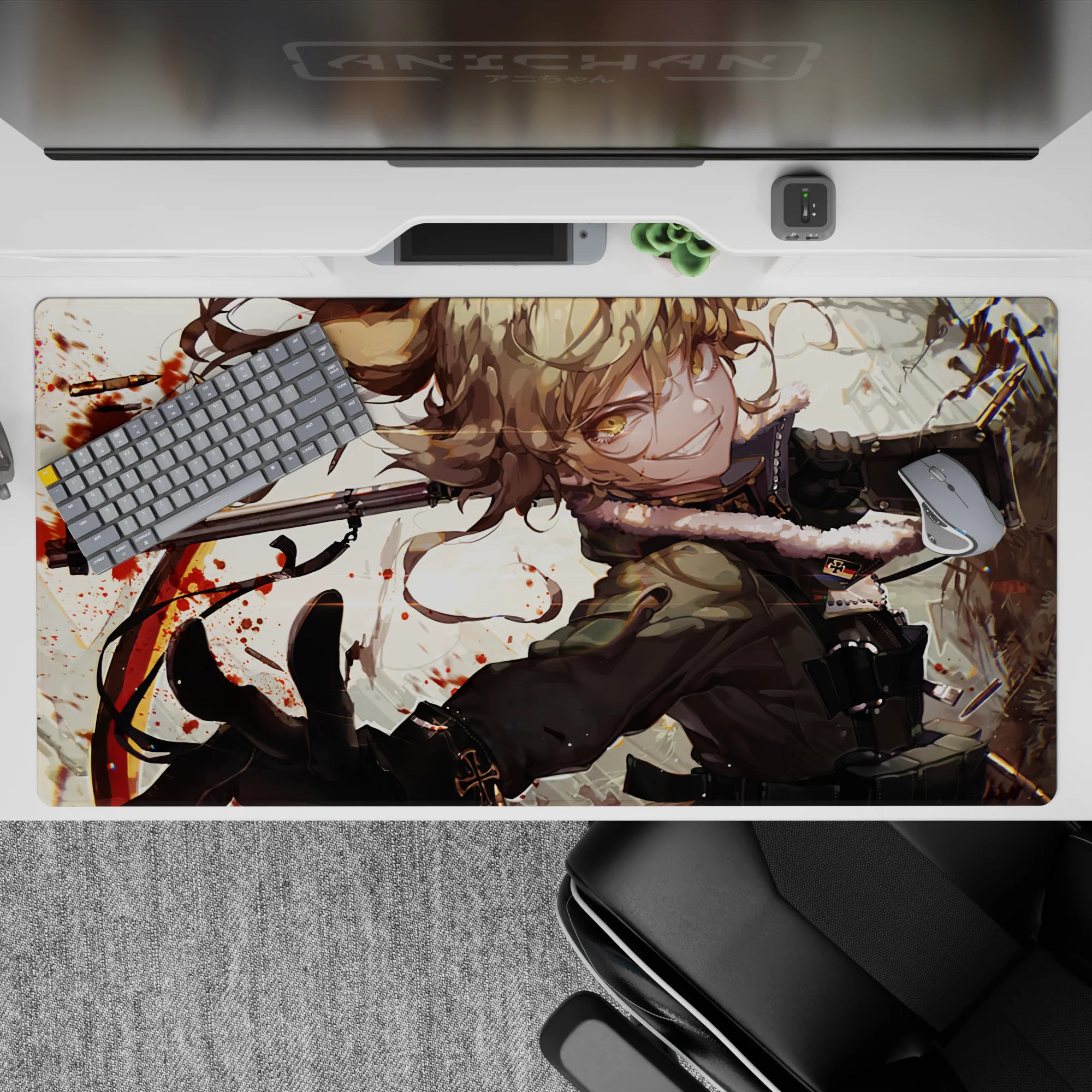 Cream and red anime desk pad 40x20 inches with chaotic energy, bold lines, and smooth tracking.