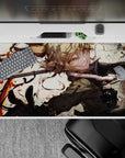 Cream and red anime desk pad 40x20 inches with chaotic energy, bold lines, and smooth tracking.