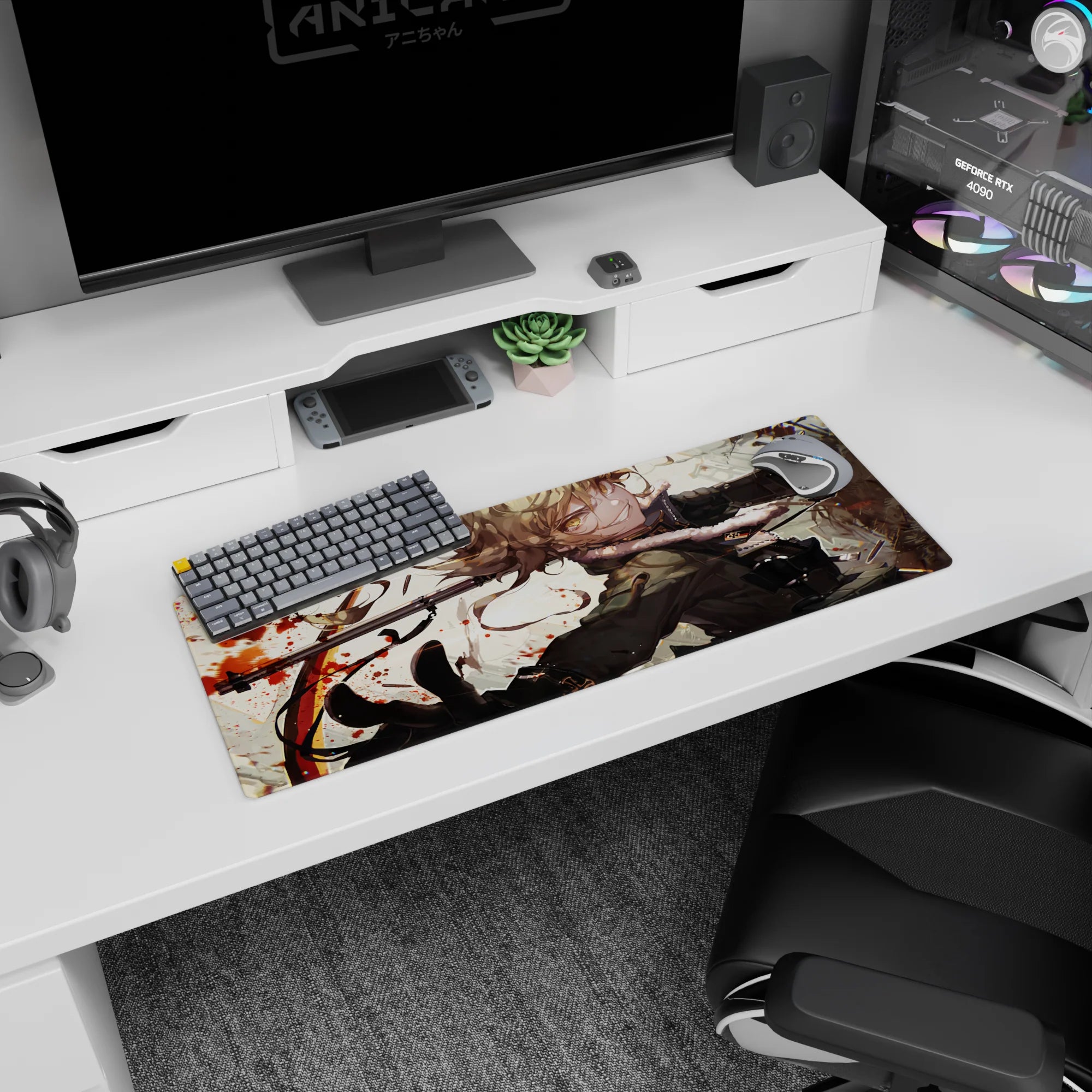 32x12 inches mouse pad showing golden-eyed anime girl mid-turn, boots forward, fluffy-trim coat on cream.