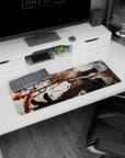 32x12 inches mouse pad showing golden-eyed anime girl mid-turn, boots forward, fluffy-trim coat on cream.