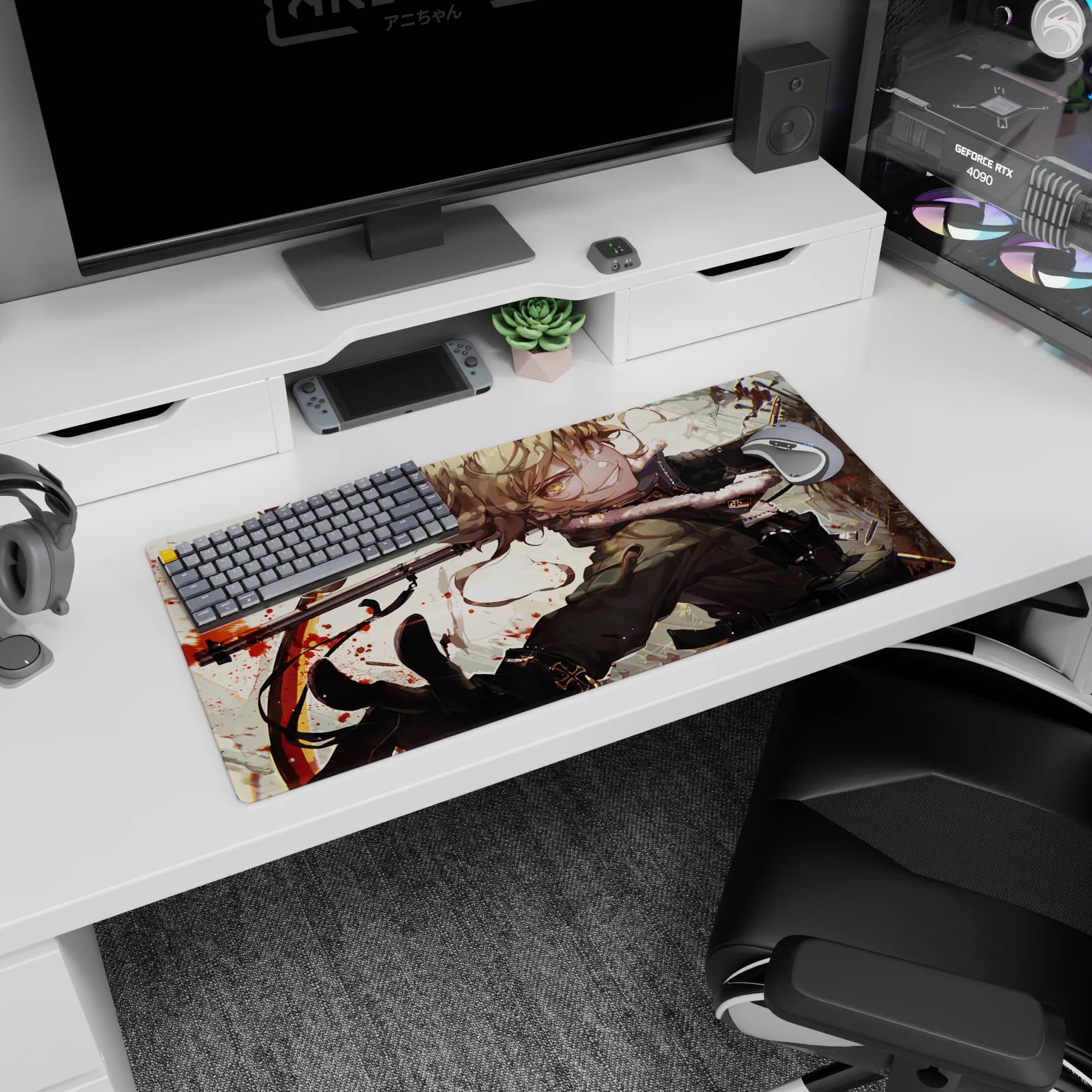 Golden-eyed anime girl turning mid-stride on mouse pad 32x16 inches, fluffy-trim coat and gear.