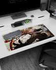 Golden-eyed anime girl turning mid-stride on mouse pad 32x16 inches, fluffy-trim coat and gear.