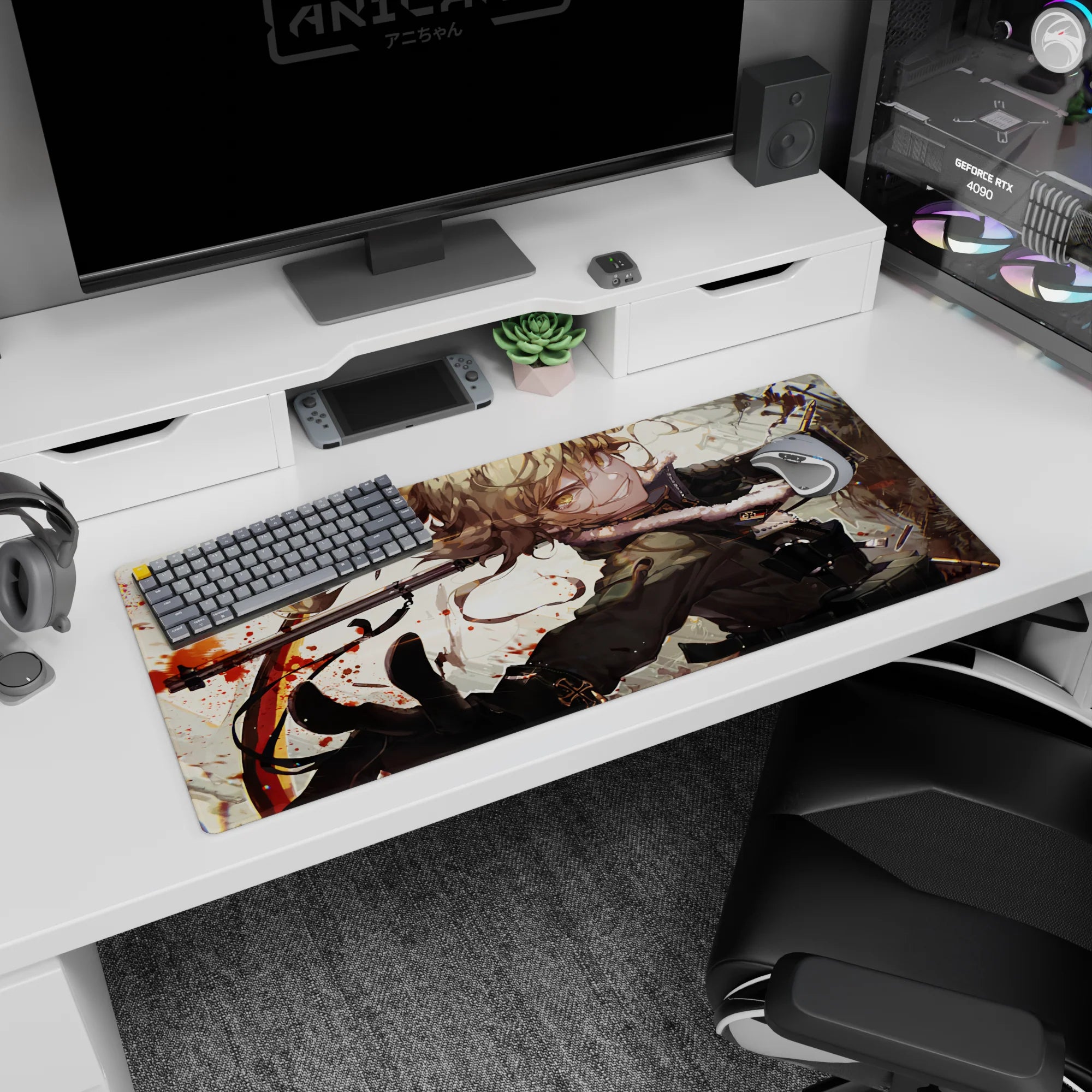 36x16 inches desk pad showing a grinning anime girl mid-turn in a fluffy-trim coat, boots forward.
