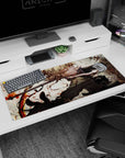 36x16 inches desk pad showing a grinning anime girl mid-turn in a fluffy-trim coat, boots forward.