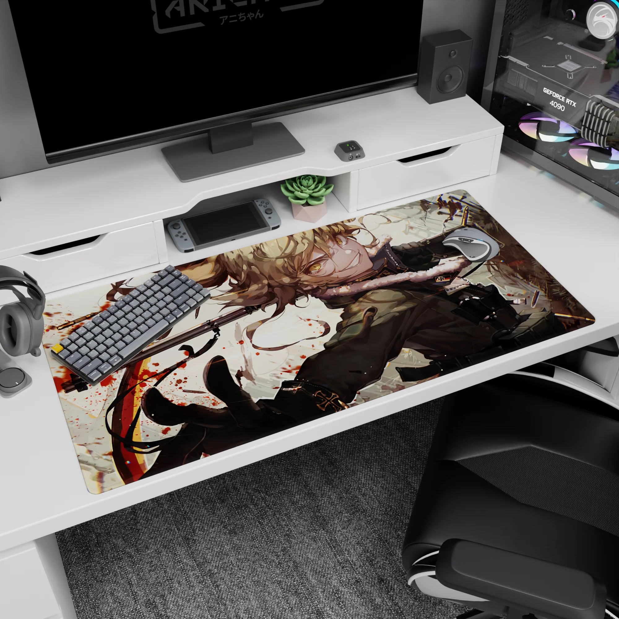 Golden-eyed anime girl mid-turn on desk pad 40x20 inches, windblown hair, fluffy-trim coat, gear.