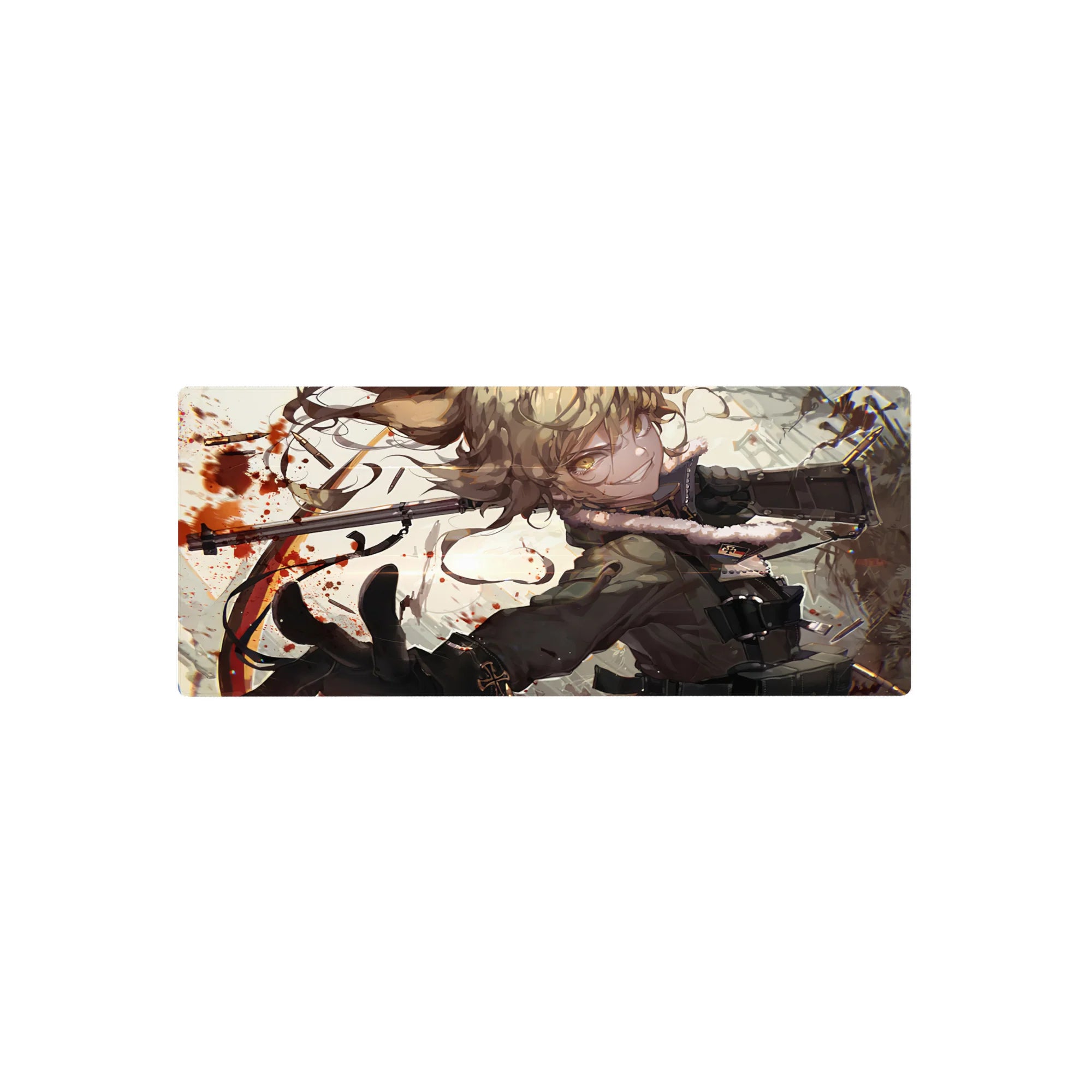 28x12 inches anime girl mouse pad with blonde curls, military coat, gear straps, and dynamic action pose.