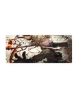 28x12 inches anime girl mouse pad with blonde curls, military coat, gear straps, and dynamic action pose.