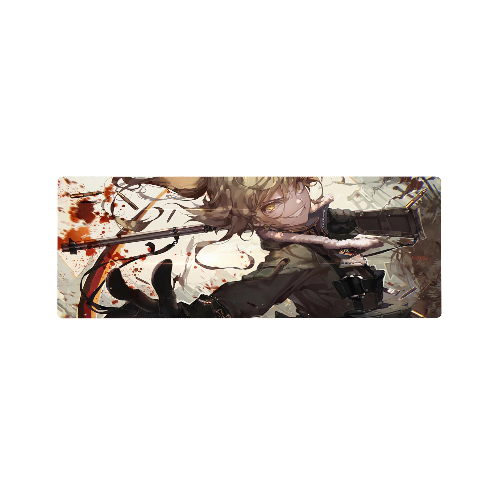 32x12 inches anime girl mouse pad with blonde curls, dark military coat, gear straps, and red splatter art.