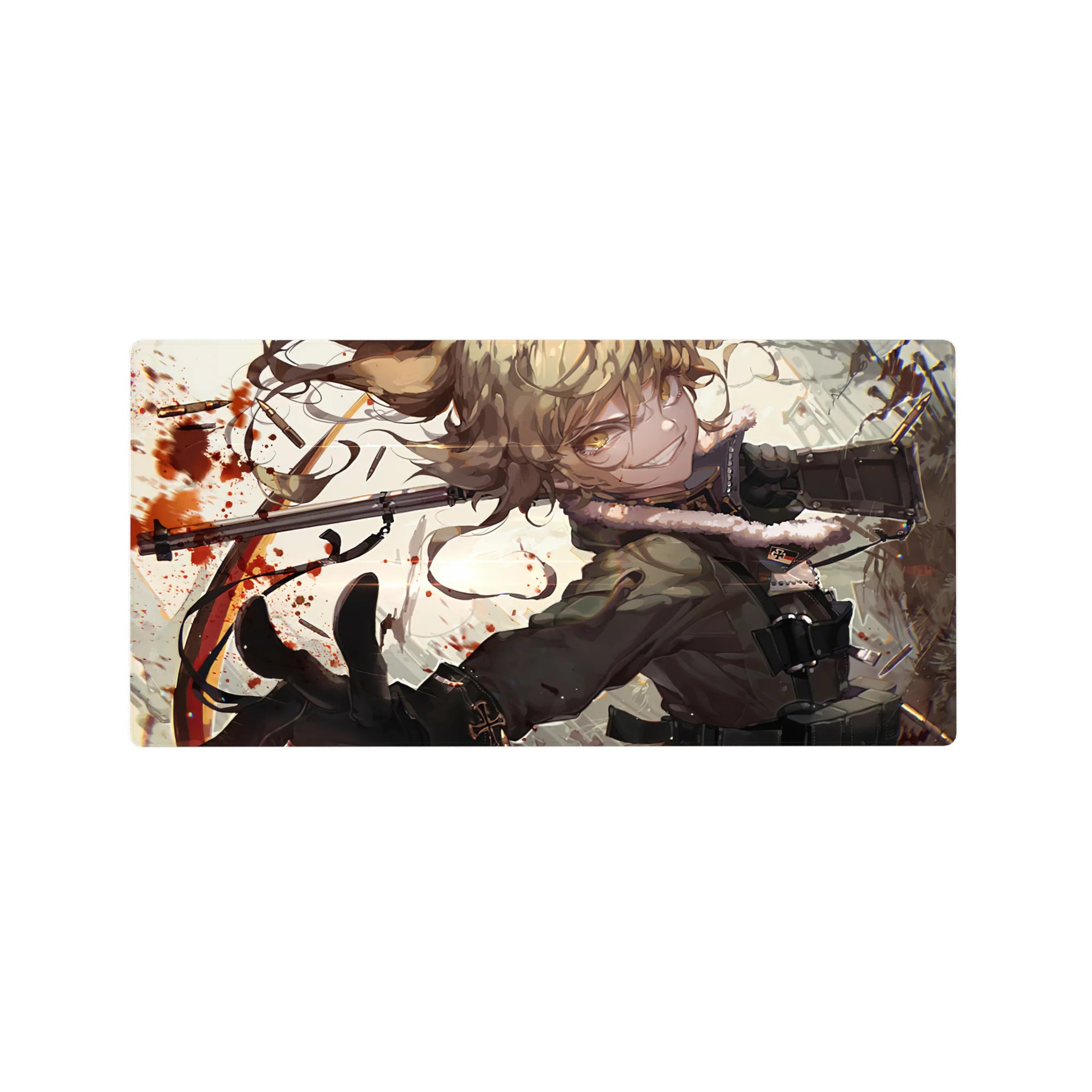 Anime girl mouse pad 32x16 inches with blonde curls, military coat, straps, boots-forward action pose.