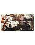 Anime girl mouse pad 32x16 inches with blonde curls, military coat, straps, boots-forward action pose.