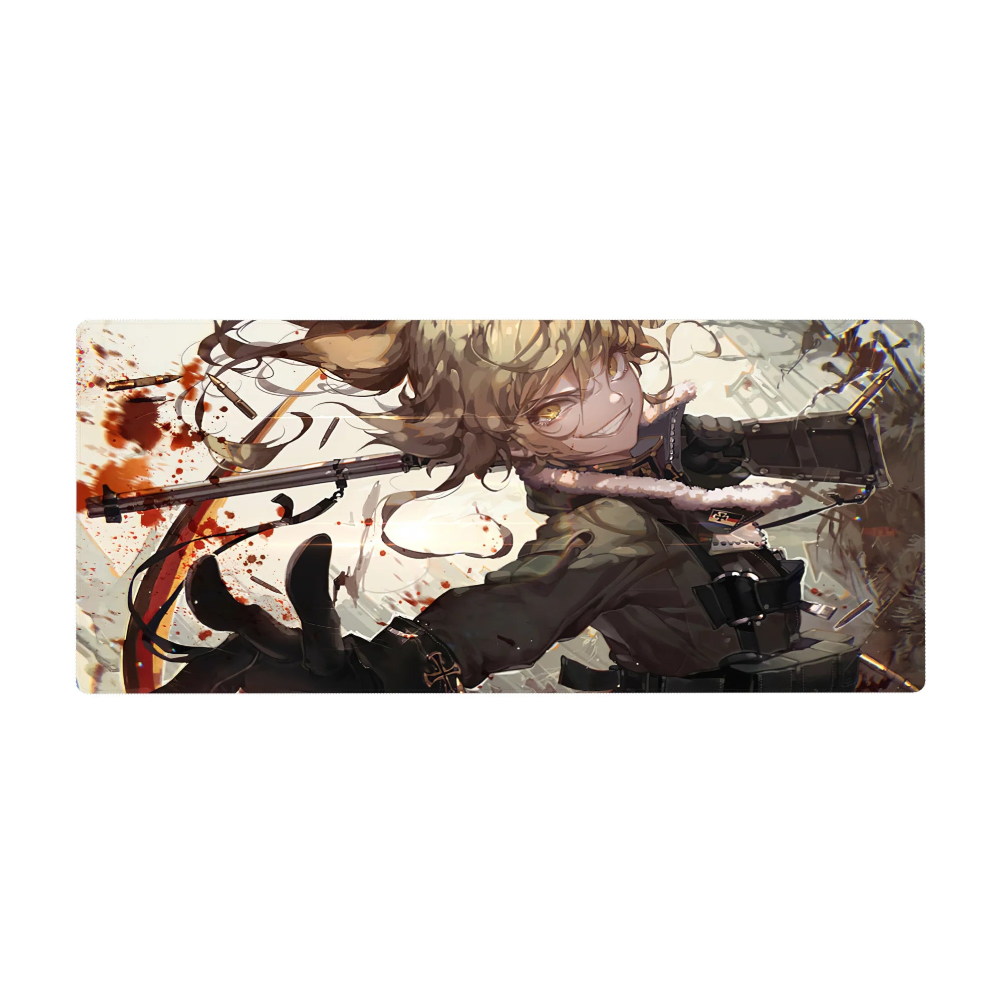 36x16 inches anime girl desk pad with blonde curls, golden eyes, and dark military coat artwork.