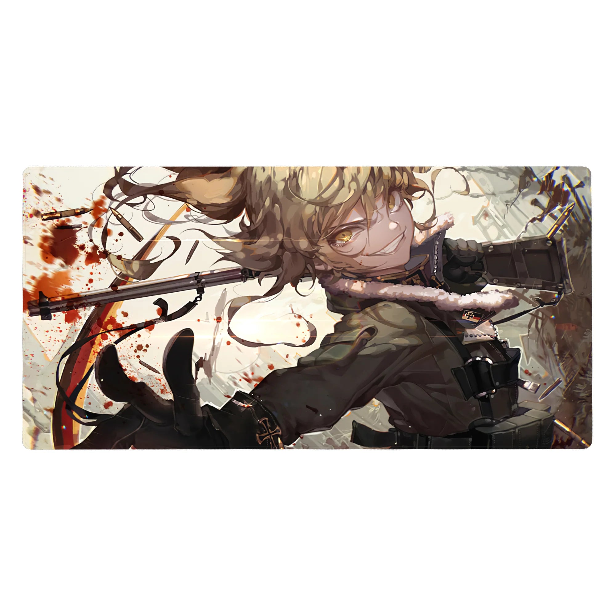 Anime girl desk pad 40x20 inches with blonde curls, military coat, boots, and red splatter accents.