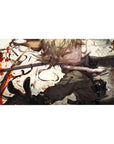 Anime girl desk pad 40x20 inches with blonde curls, military coat, boots, and red splatter accents.