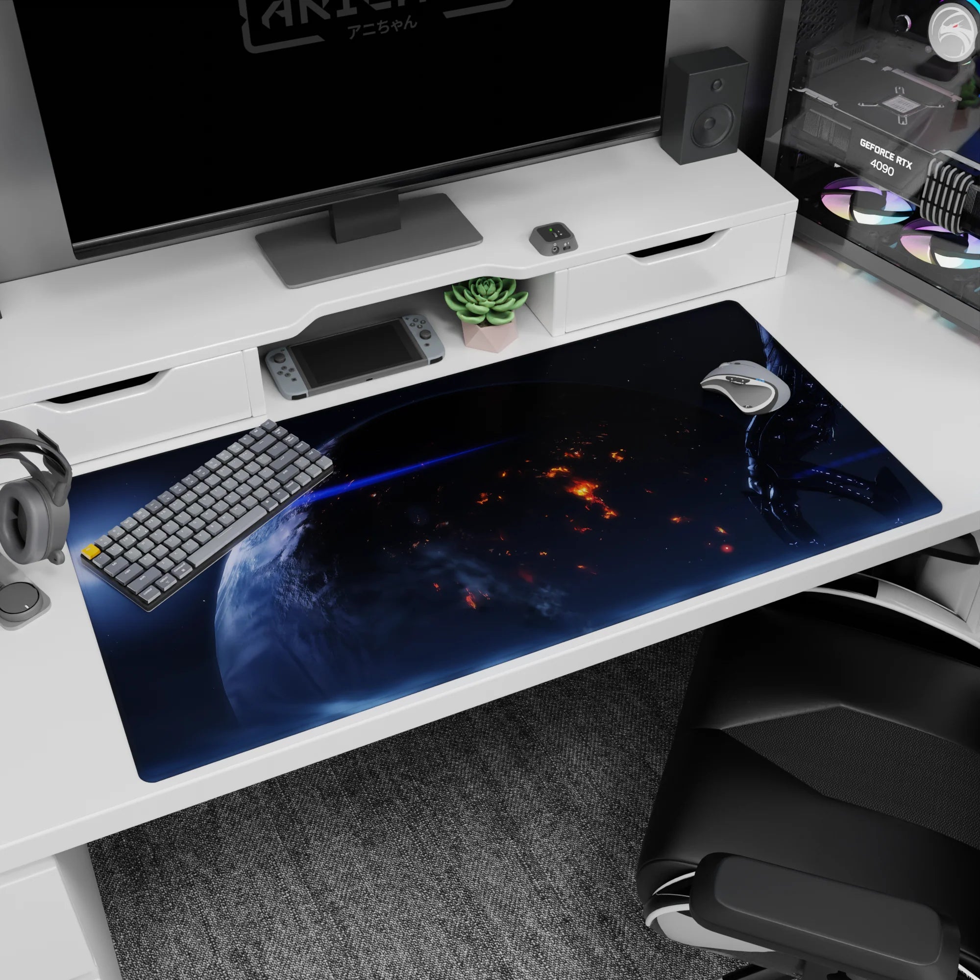 Glowing trouble-lit planet scene desk pad 40x20 inches set in deep space with slow-motion spark details.