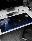 Glowing trouble-lit planet scene desk pad 40x20 inches set in deep space with slow-motion spark details.