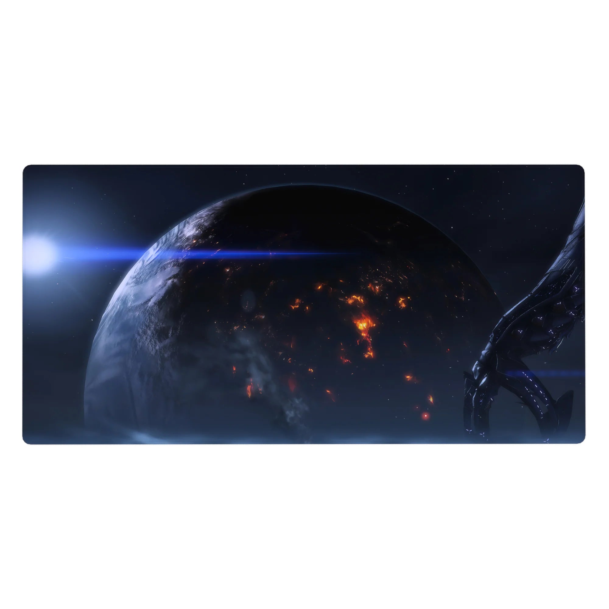 Space-themed desk pad 40x20 inches with a glowing planet and scattered orange sparks on dark blues.