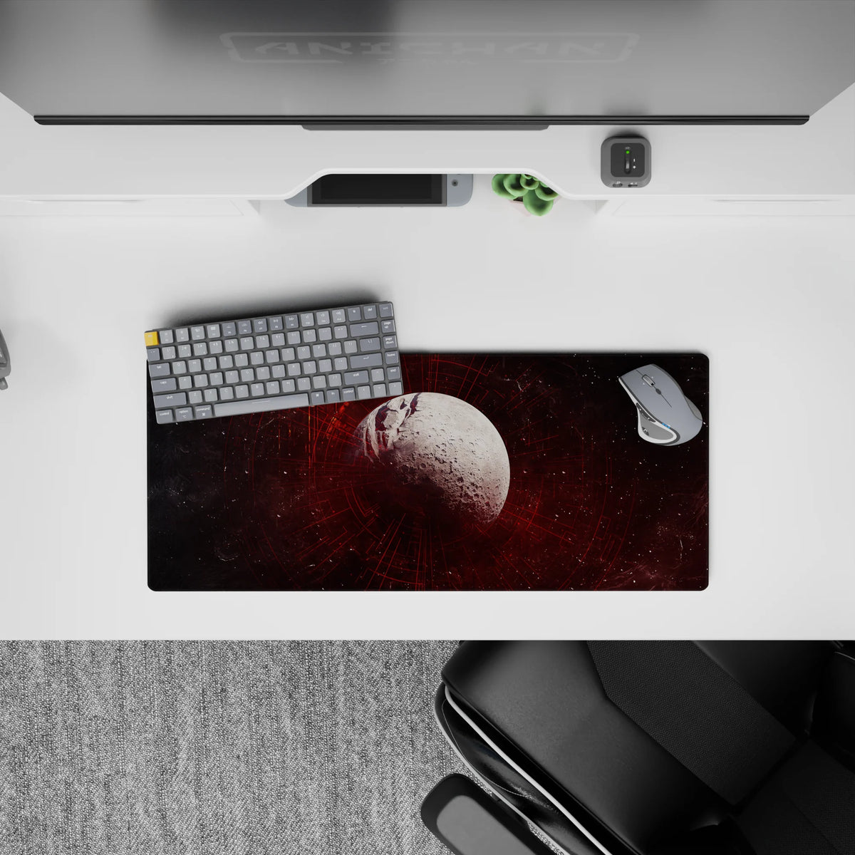 Charcoal and burgundy smoky night mouse pad with tiny stars, 28x12 inches.