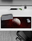 Charcoal and burgundy 32x12 inches mouse pad with smoky night glow for a late-night gaming desk mood.