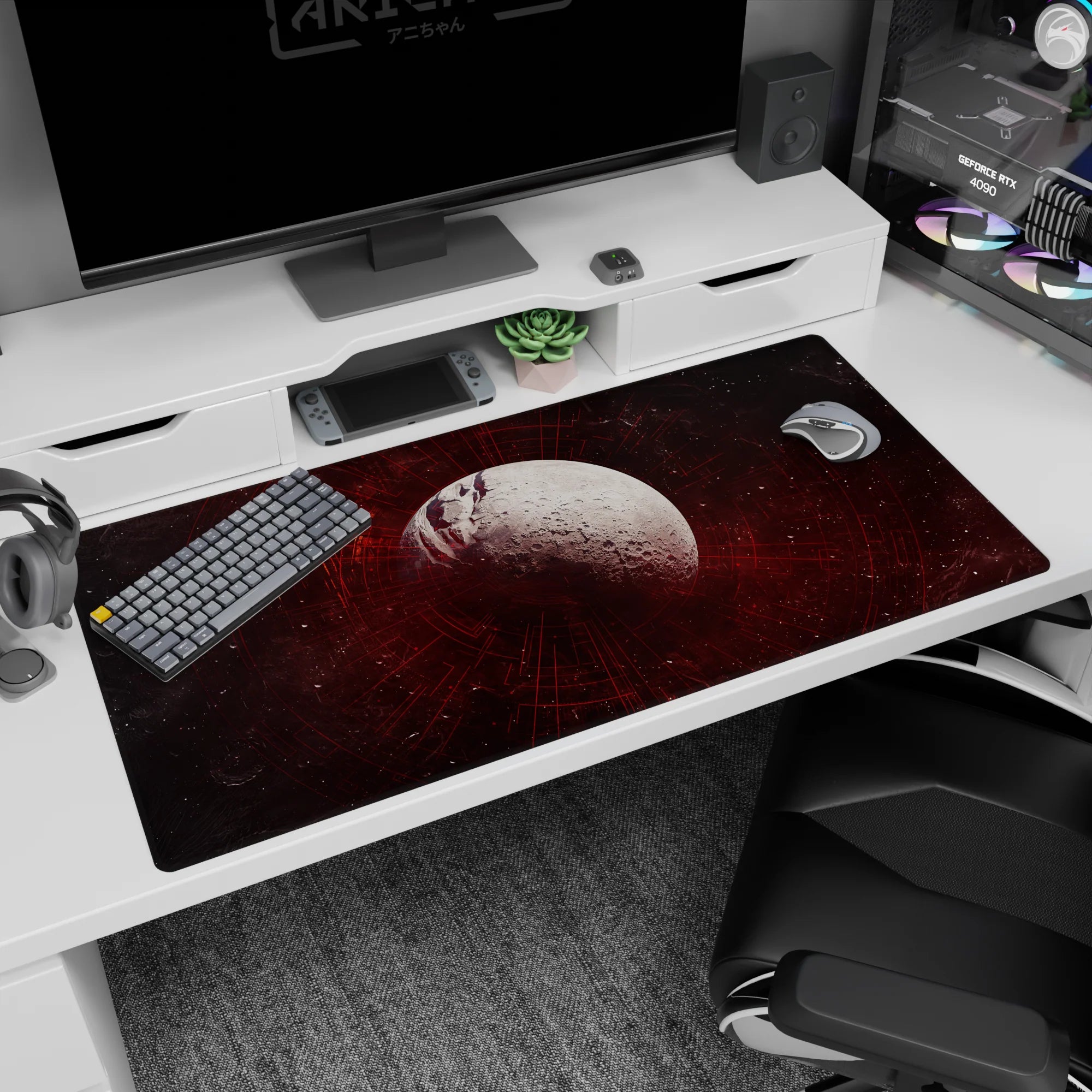 Cratered moon drifting in a starry smoky sky desk pad, 40x20 inches, with deep red rings.