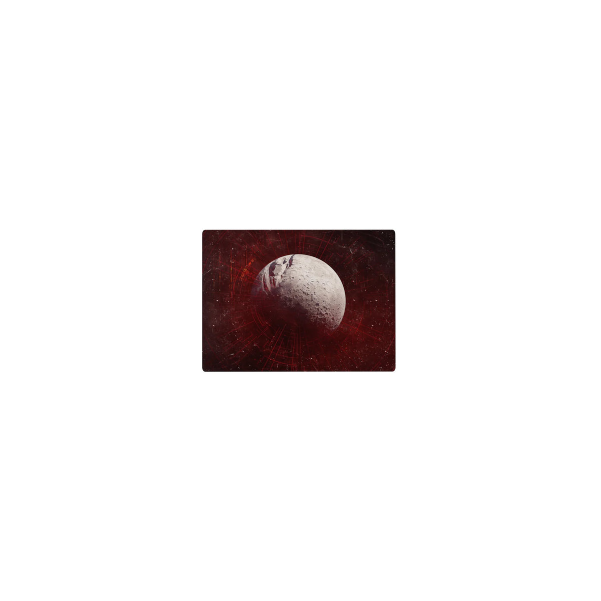 Classic 14x10 inches mouse pad with cratered moon, red rings, faint grid map lines, and tiny stars.