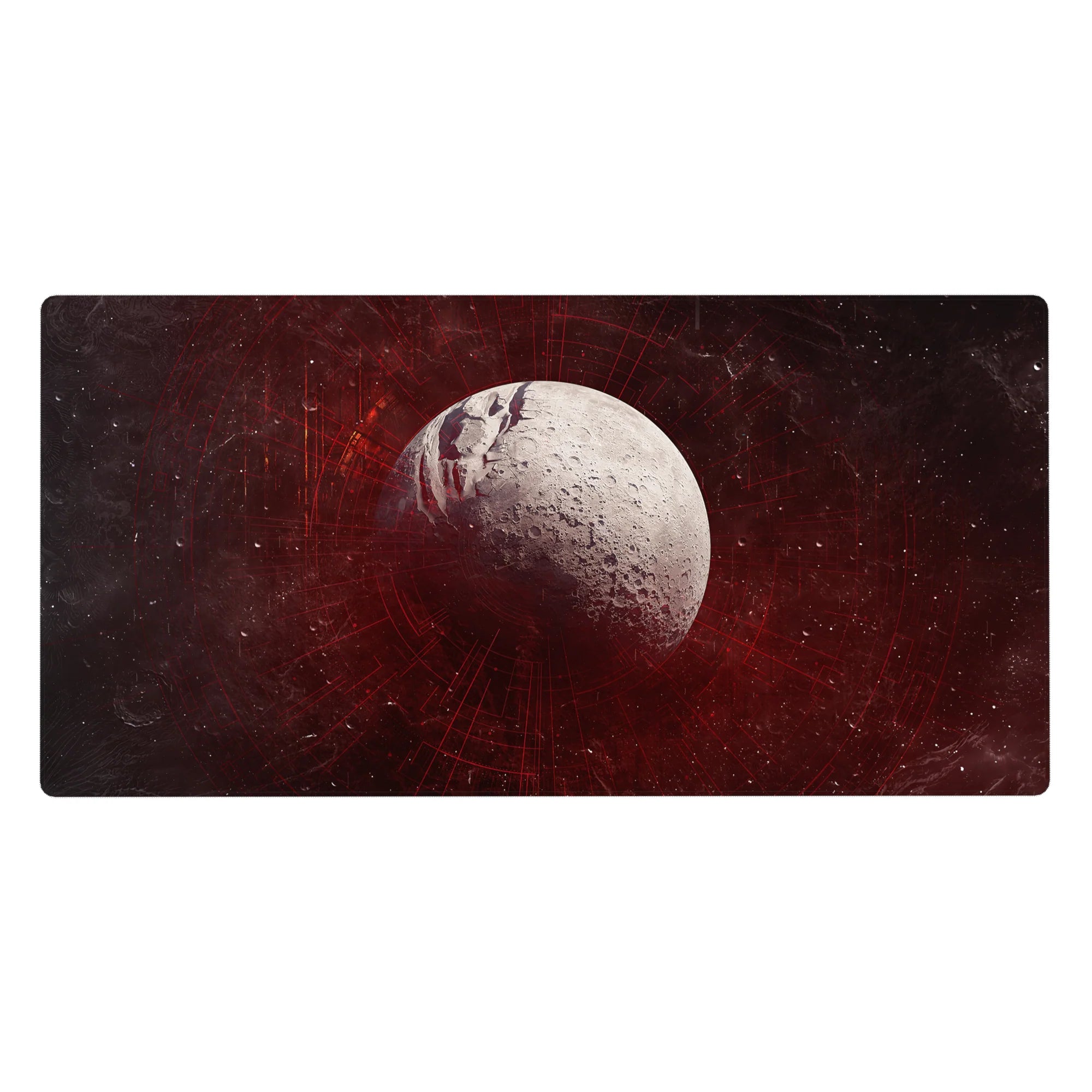 Space map moon and red rings desk pad, 40x20 inches, with subtle grid lines and stars.