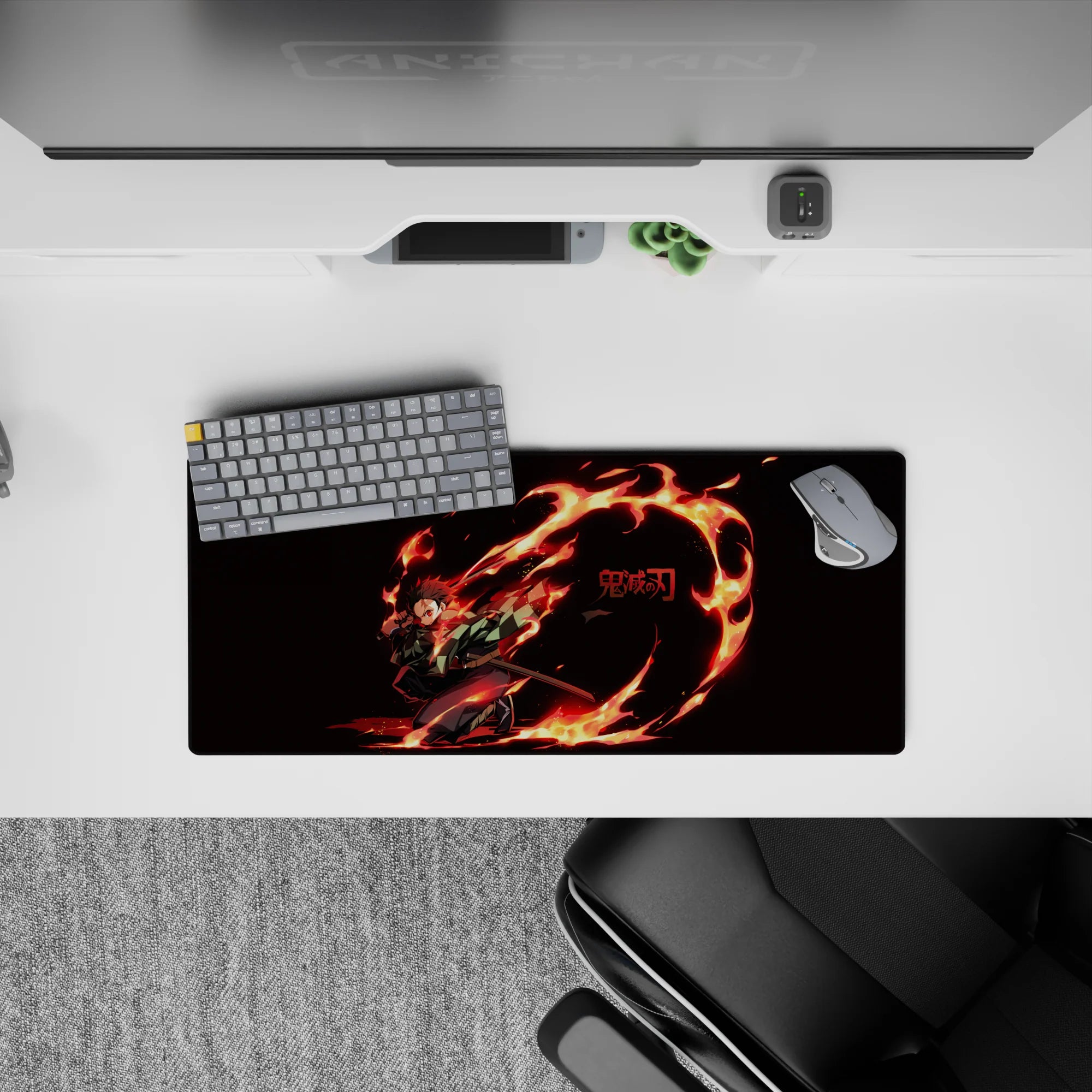 Tanjiro from Demon Slayer anime mouse pad, 28x12 inches, features fiery design with vivid red and orange flames, bold and dynamic.