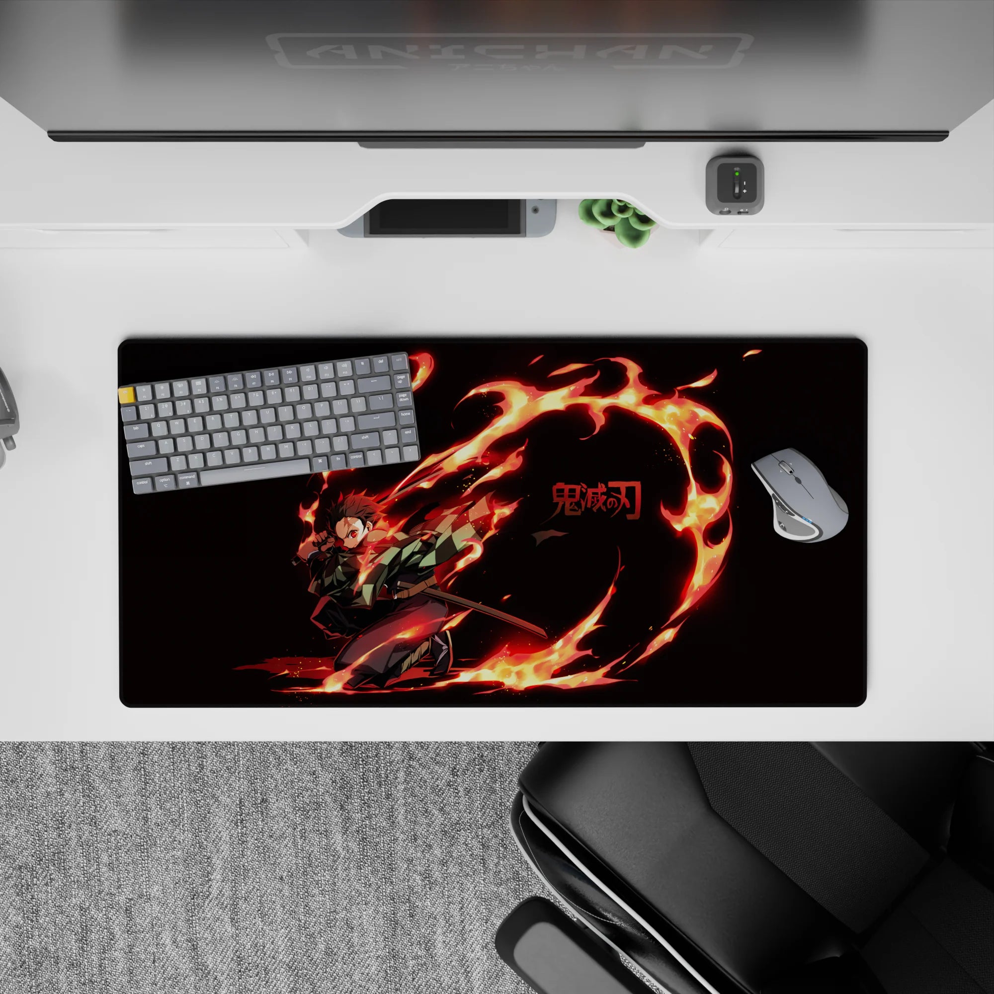 Tanjiro Demon Slayer anime mouse pad, 32x16 inches, showcasing fiery animation with vivid reds and oranges on a black background.