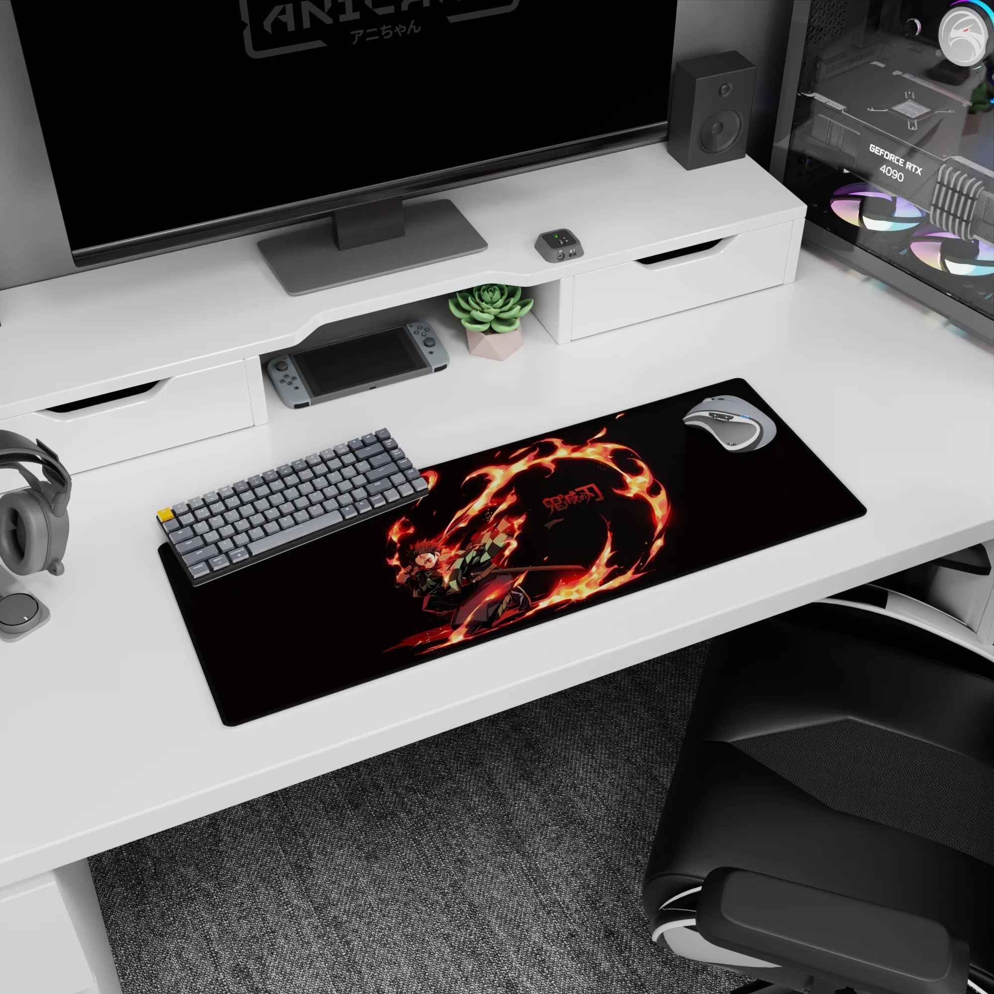 Anime mouse pad featuring Tanjiro from Demon Slayer, 32x12 inches, with vibrant fire and bold colors against a black background.