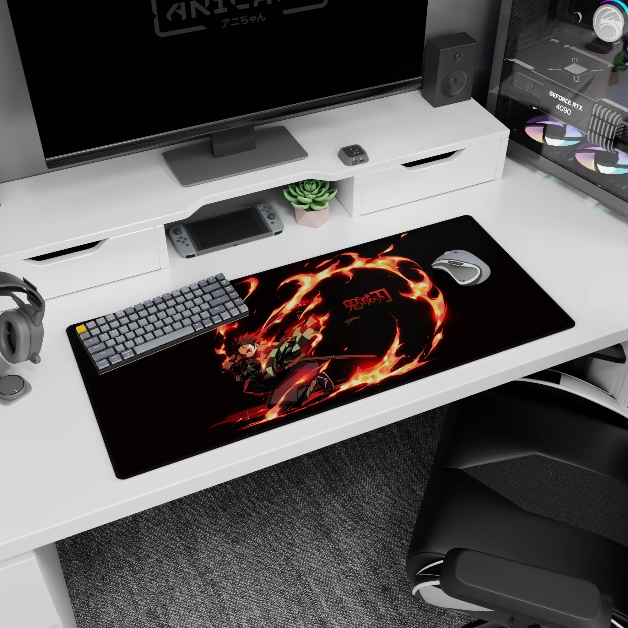 Tanjiro from Demon Slayer on a 36x16 inch anime desk pad, showcasing his fiery dance with glowing red eyes and blazing haori.