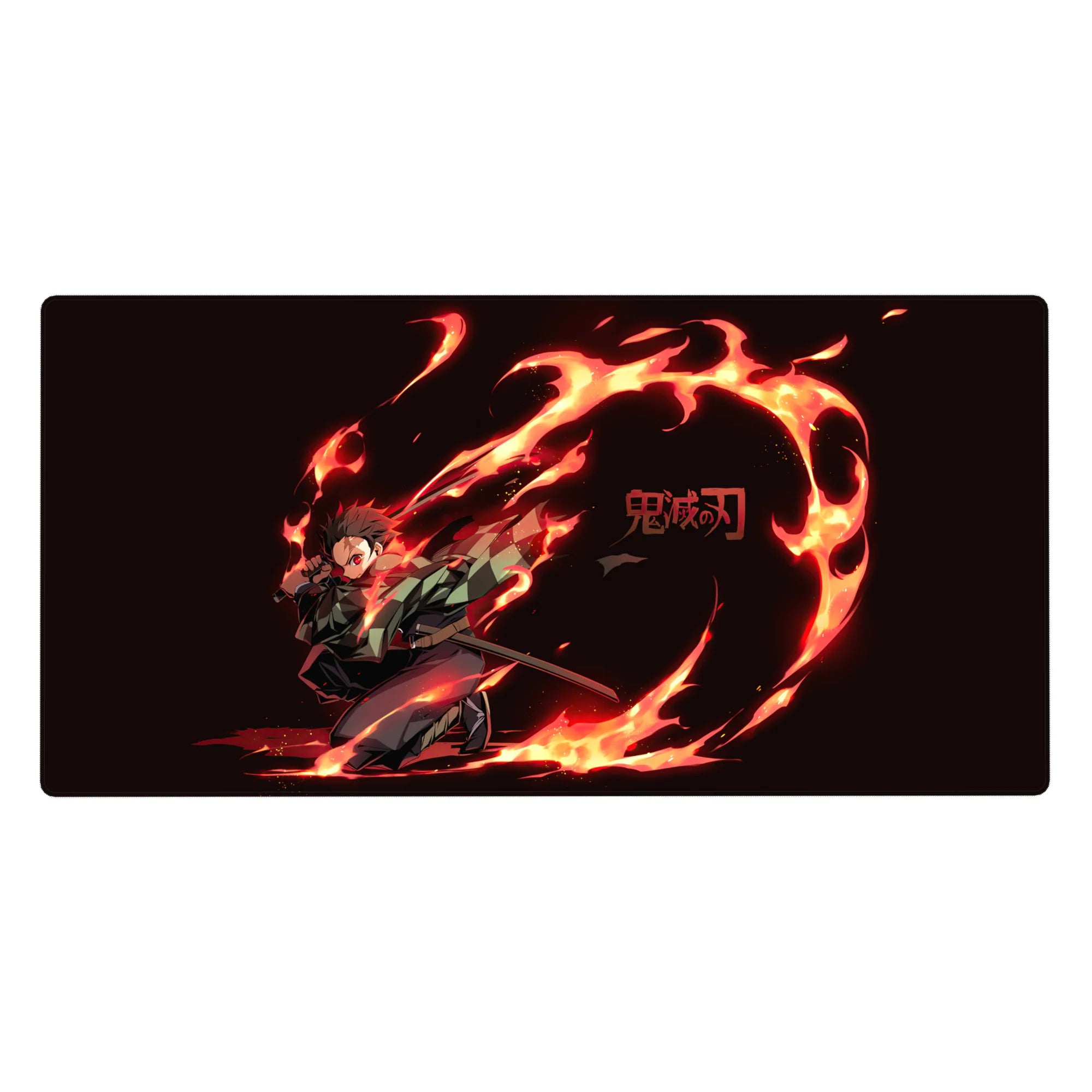 Demon Slayer anime desk pad featuring Tanjiro's fiery dance, 40x20 inches, with vivid red and orange flames on black.