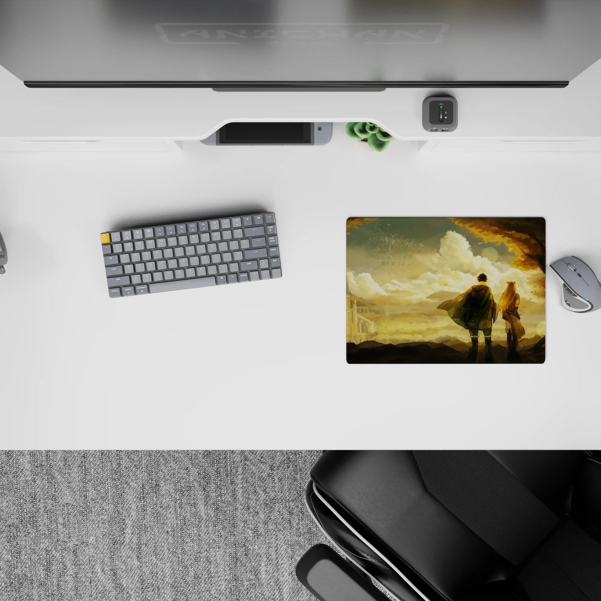 Warm amber sunset anime mouse pad 14x10 inches with soft dust sparkles and calm nostalgic romance.