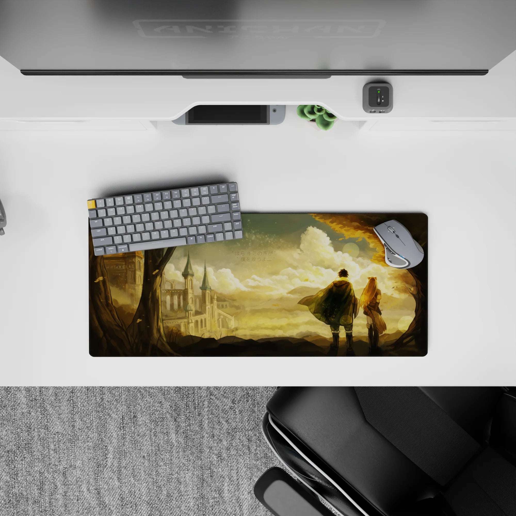 28x12 inches anime mouse pad in warm amber sunset tones with gentle dust sparkles and nostalgic romance.