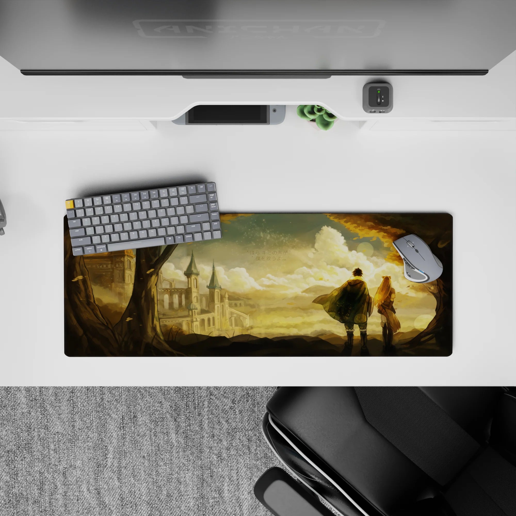 32x12 inches anime mouse pad in warm amber sunset tones with soft dust sparkles and a calm romantic mood.