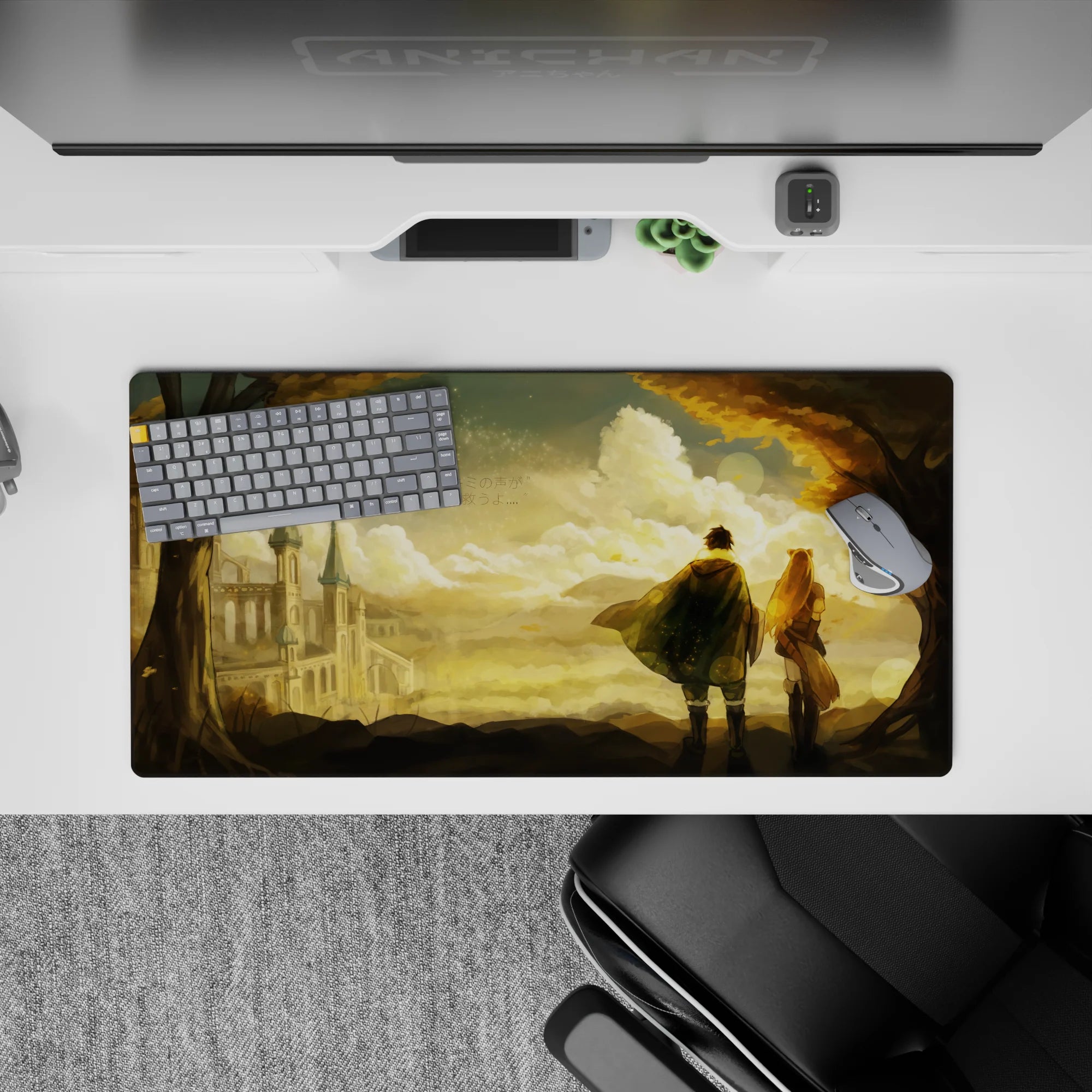 32x16 inches anime mouse pad in warm amber sunset tones with dust sparkles, calm romantic nostalgic vibe.
