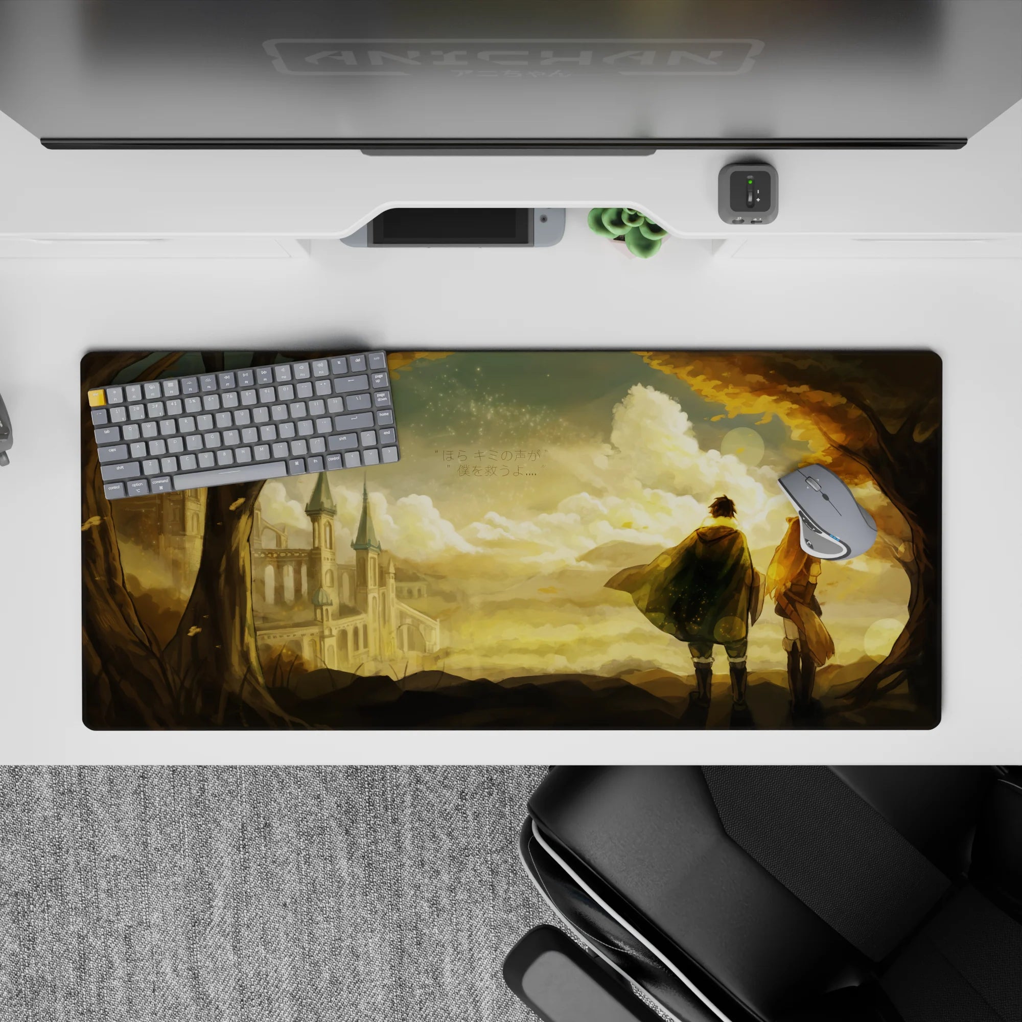 Warm amber sunset anime desk pad 36x16 inches with soft dust sparkles and nostalgic romance mood.