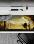 Warm amber sunset anime desk pad 36x16 inches with soft dust sparkles and nostalgic romance mood.