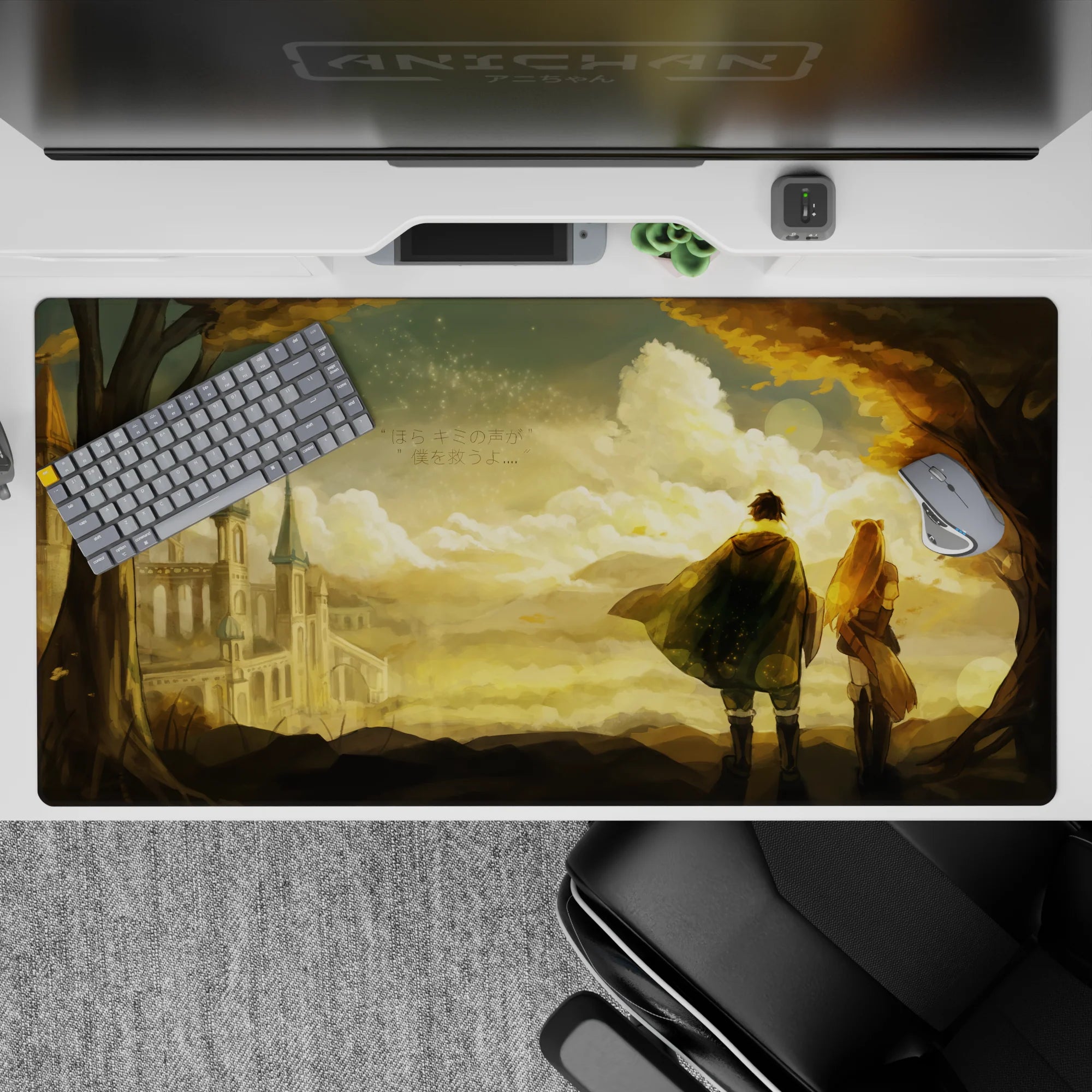 40x20 inches anime desk pad in warm amber sunset tones with soft dust sparkles and calm romantic vibe.