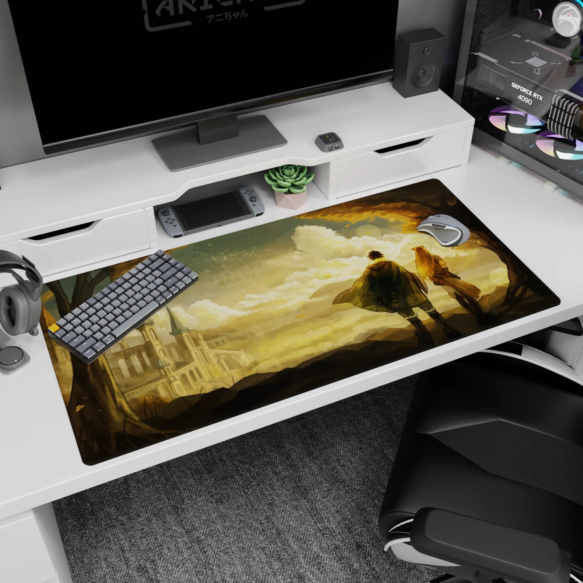 40x20 inches anime desk pad showing two travelers in capes, windblown hair, framed by trees at dusk.