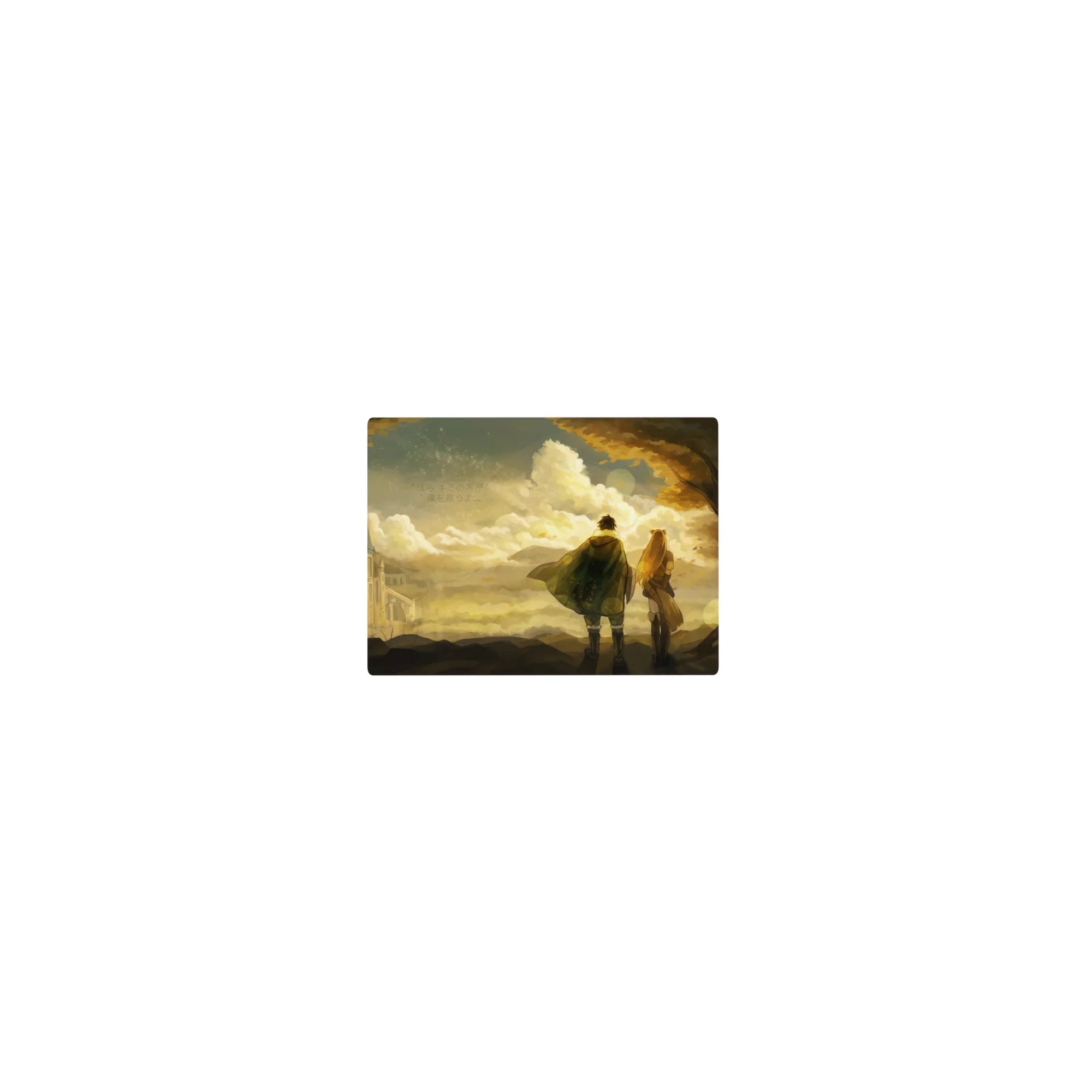 Classic anime mouse pad 14x10 inches with travelers under golden clouds, cathedral silhouette, and Japanese text.
