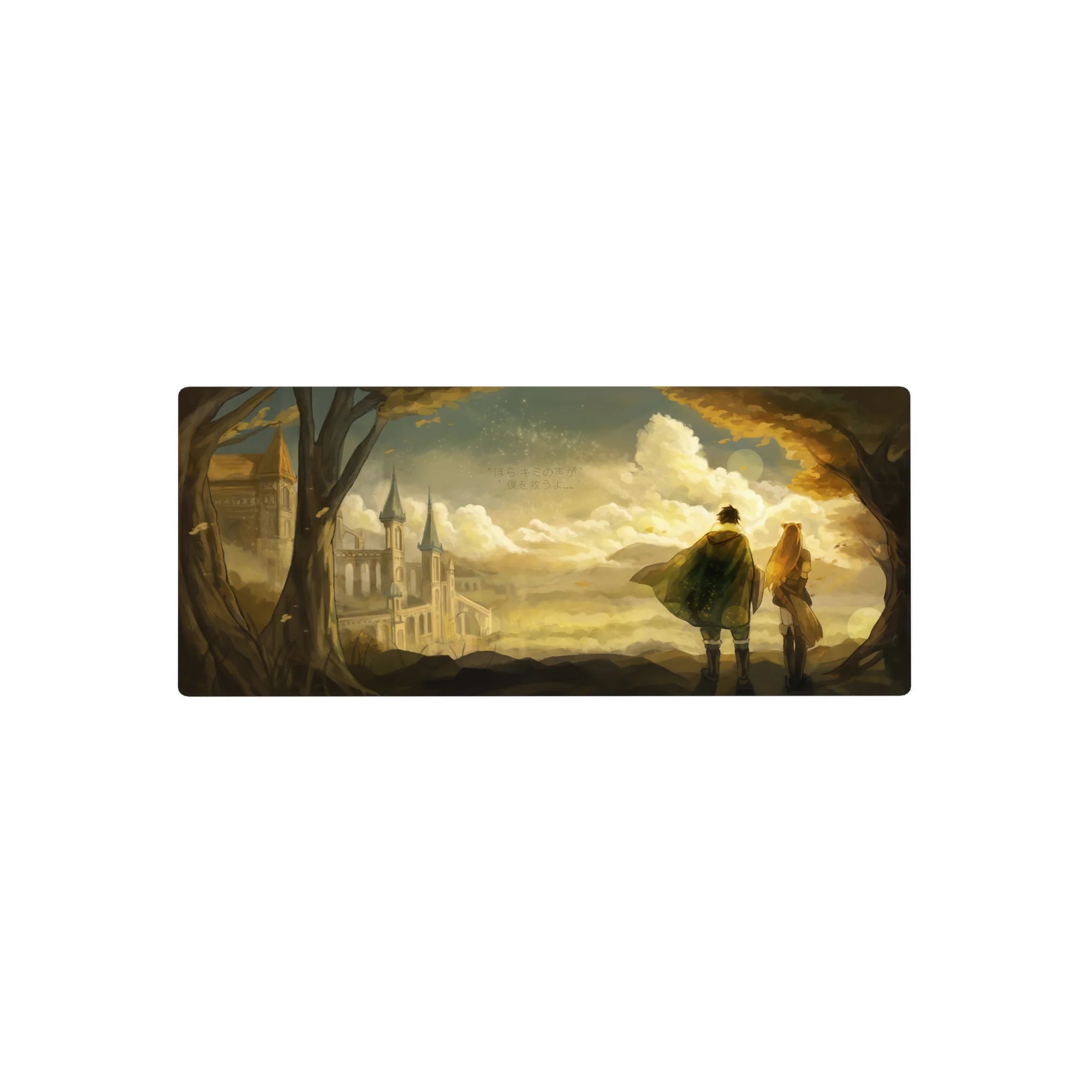 28x12 inches anime mouse pad with golden sky, distant cathedral silhouette, trees, and subtle Japanese text.